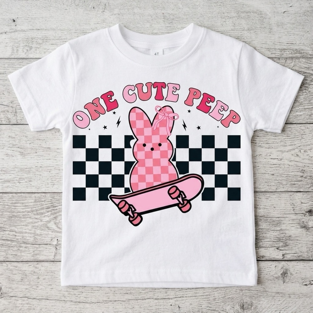 Gildan White Tee with Pink Bunny and Skateboard